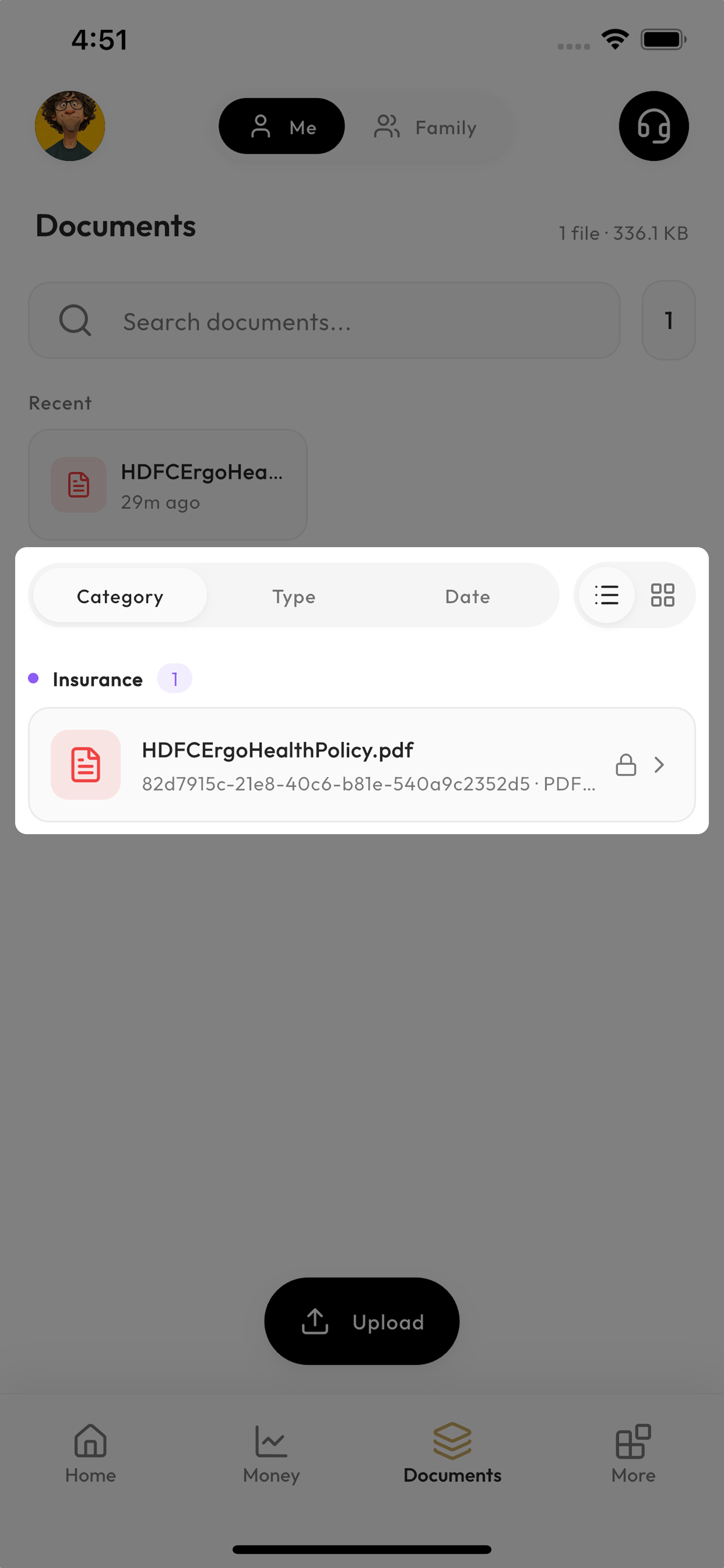 Unyt documents screen with search, category filters and an uploaded insurance policy