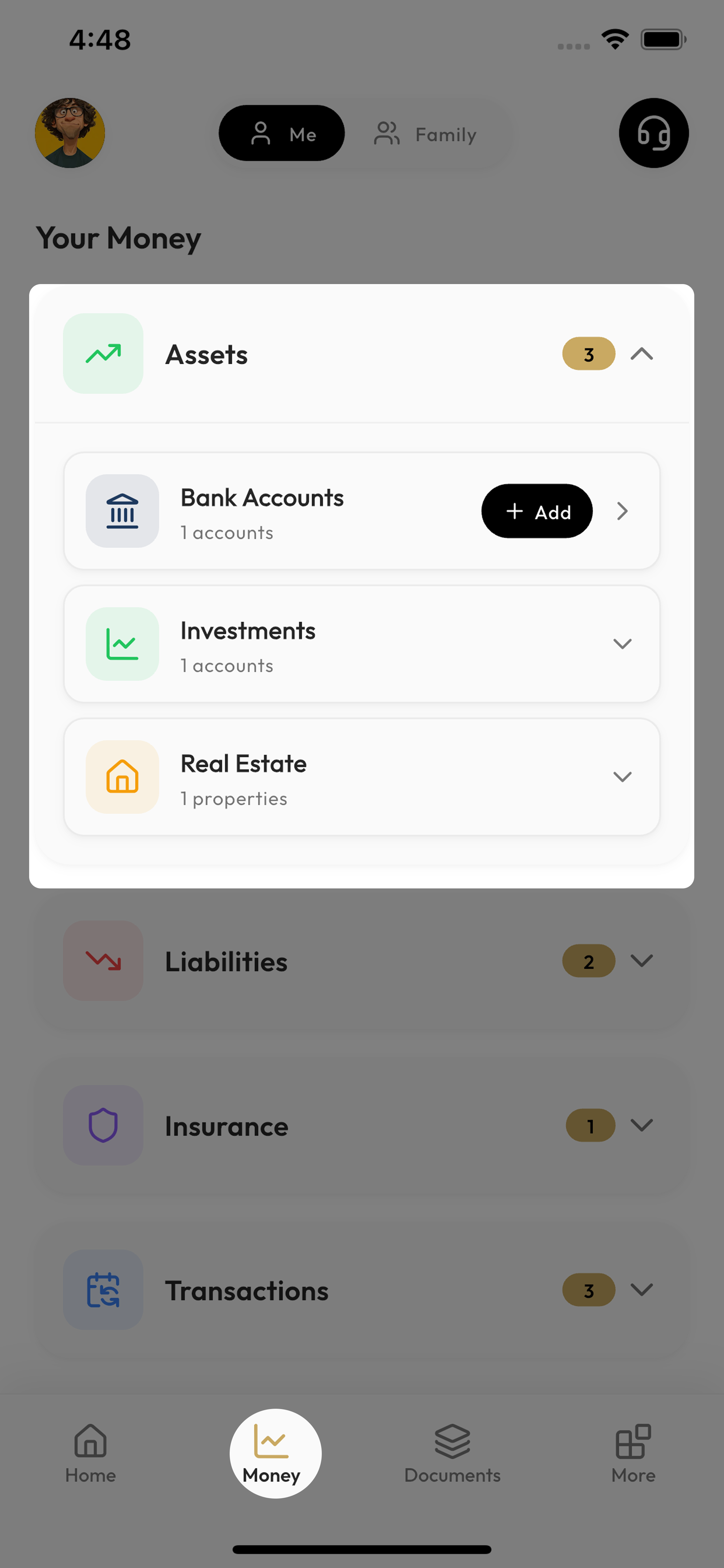 Unyt Money screen showing assets, liabilities, insurance and transactions grouped together