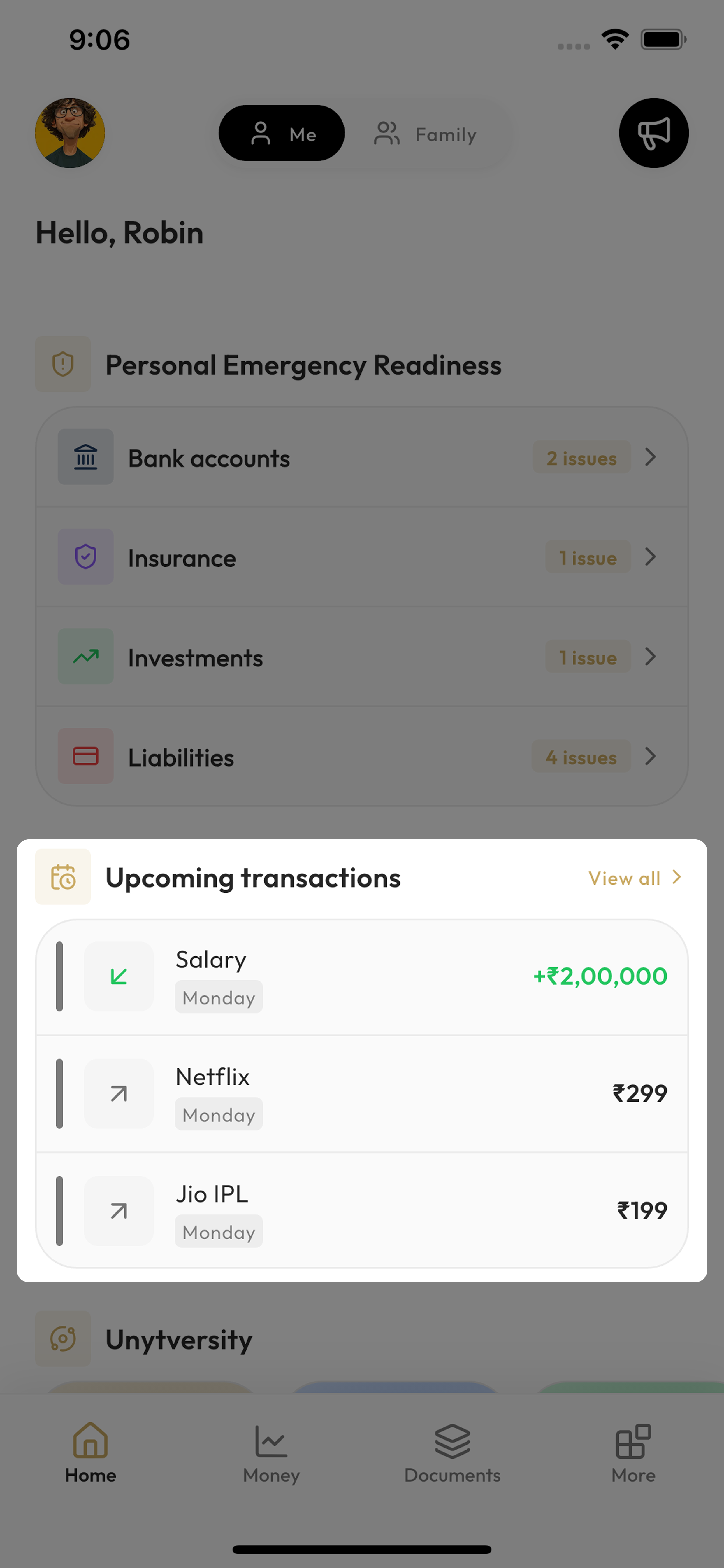 Unyt home screen highlighting upcoming transactions for salary, Netflix and Jio